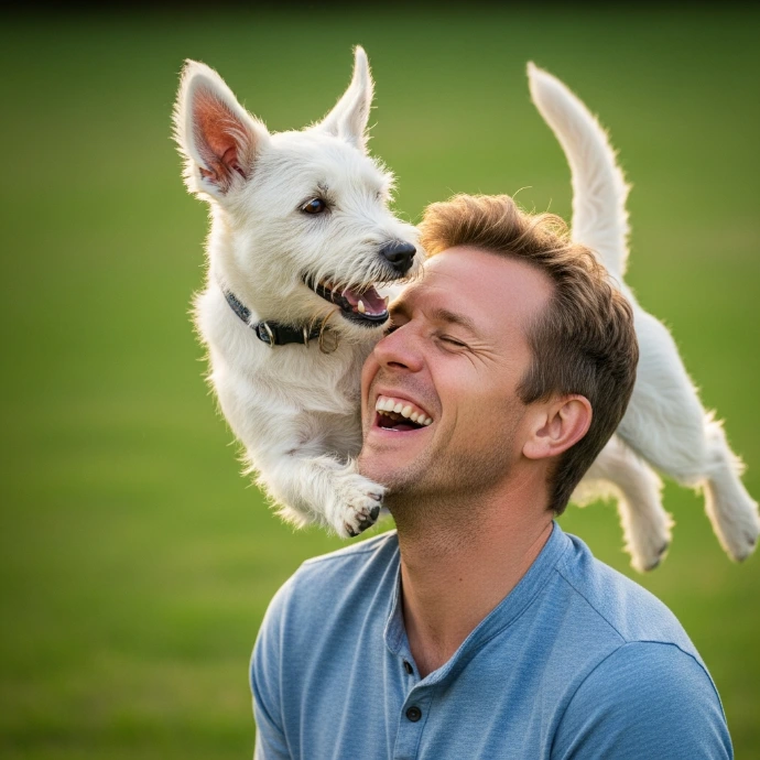 Homem num momento engraçado com o seu cão